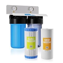Max Water 2 Stage Sediment, Odor & Improving Taste Whole House 10 inch x 4.5 inch, Water Filtration System with Double O Ring Housing - Sediment + GAC - 1" NPTF PVC Port Inlet WD-WHF21-BG