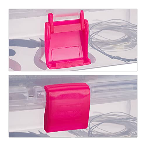 Relaxdays Transparente Plastikbox, 9 Fächer, Werkzeugbox, Nähkästchen, Werkzeugkoffer, Werkzeug, HBT 14x33x19 cm, pink