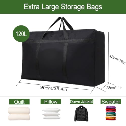 Kiswleon 4 Stück Aufbewahrungstasche mit Reißverschluss 120L,wasserdichte Oxford Schwarz Umzugstaschen,Aufbewahrung Bettdecken,Aufbewahrungstasche für Bettdecken für Klamotten Bettzeug Bettwäsche
