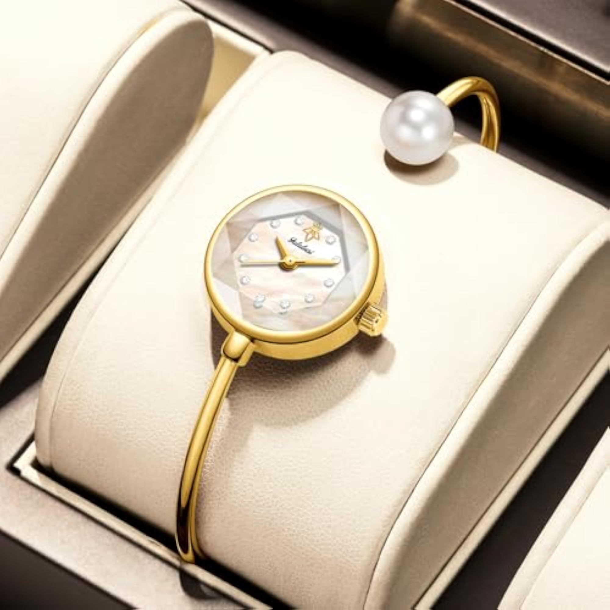 Women's Dainty Elegant Bangle Quartz Watch with Pearl Accent