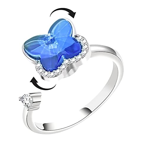 WOSO Blue Cubic Zirconia Butterfly Spinner Fidget Ring for Women Girls Anxiety Rotate Freely Inspirations Jewelry Calming Worry Meditation Adjustable Stacking Middle Finger Ring Girlfriend Birthday Cover