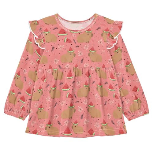 Capybara Watermelon Girls Shirts Cotton Long Sleeve Ruffle Toddler Tee Tops