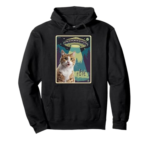 Cat UFO Selfie Art Funny Cat Alien Pullover Hoodie