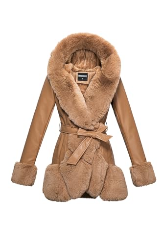 GRAN ORIENTE Women's Faux Leather Coat with Faux Fur Collar,Winter