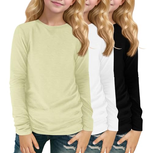 Girls 3 Pack Long Sleeve Crew Neck T-Shirts Soft Classic Fit Casual Fall Pullover