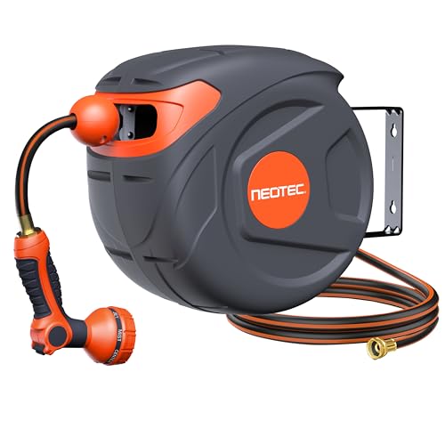 New Retractable Garden Hose Reel 1/2 inch x 50 ft Any Length Lock 9 Pattern Nozzle Wall-Mounted Automatic Slow Return 180° Swivel UV Resistant Heavy Duty Hose Reels for Outside