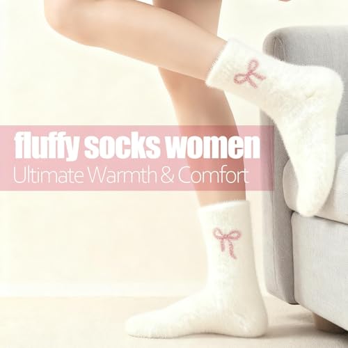 5Pairs Womens Fluffy Socks Womens 4-7 with Bows, Pink Cosy Socks for Women, Bed SoCks for Women, Fuzzy Sockset Winter SoCKs Womens White Fluffy Socks Ladies SOCKs Suitable for Home Slipper Warm Socks - Image 4