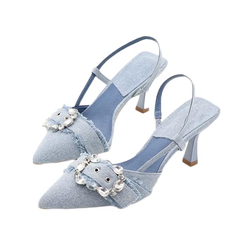 Women's Rhinestone Denim Cloth Kitten Heels Pumps Fashion Closed Pointed Toe Slip-On Slingback Low Heel Dress Sandals for Wedding Party Evening