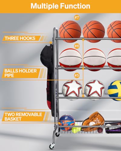 EXTCCT-Basketball-Rack-with-Wheels-4-Tier-Garage-Ball-Storage-Organizer-Heavy-duty-rolling-balls-cart-with-two-basket-storage-ball-holder-Sports-equipment-organized-for-outdoor-indoor-Grey