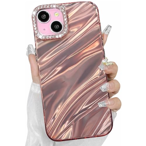 Image of DIZORO Compatible with iPhone 15 Plus Case | Marble Glossy Hard PC Back Cover with Diamond Camera Protector | Ultra Stylish Shockproof Back Cover Case for Girls Women-Pink