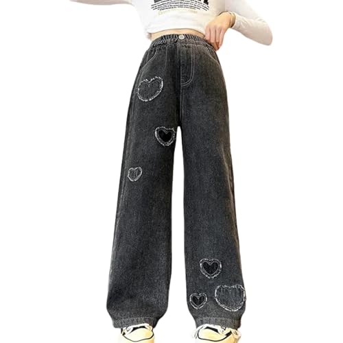 NABER Kids Girls Fashion Black Baggy Jeans Heart Pattern Washed Denim Pants(Black,10-11 Years)