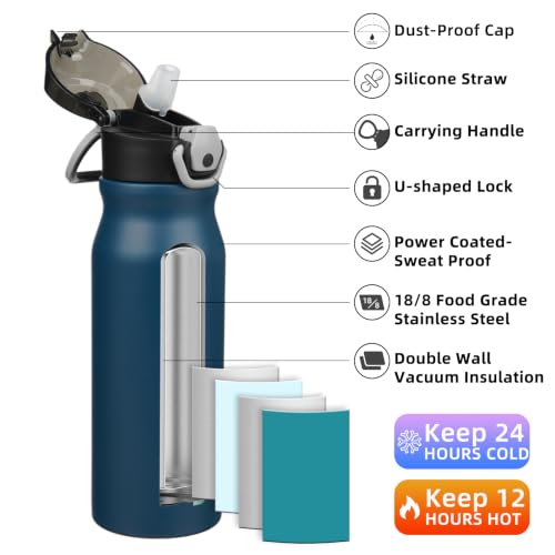 Image of BJPKPK 25 oz Insulated Water Bottle, Straw, Handle, Stainless Steel Flask | Leak Proof Locking Lid, Thermal, Double Wall Vacuum, Keeps Hot /Cold, BPA Free, Dishwasher Safe, Travel & Sports, Navy Blue