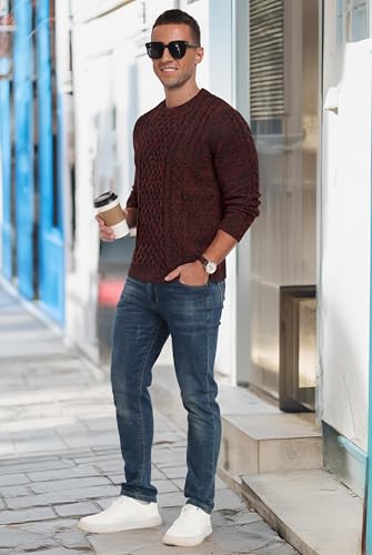 Hisir Men's Cable Knit Jumpers Casual Crew Neck Winter Thick Warm Long Sleeve Pullover Sweater for Men UK (Wine Red, L)