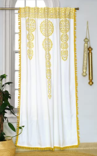 Image of Tranquebar Curtain Co. 100% Cotton, Moroccan Tasseled Geometric Print, Room Darkening Curtains for Door (with Back Tabs) - 7 Feet, Daira: Yellow, 1 Piece (Length 213 cm)
