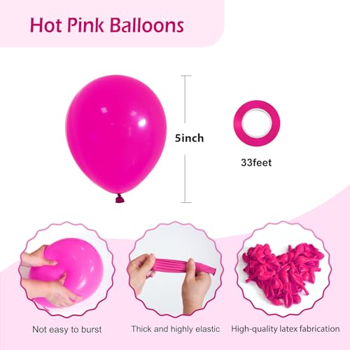 Image of FOTIOMRG 120pcs 5 inch Hot Pink Balloons, Small Hot Pink Latex Party Balloons Helium Quality for Birthday Baby Shower Bridal Shower Wedding Bachelorette Party Decorations (with Pink Ribbon)