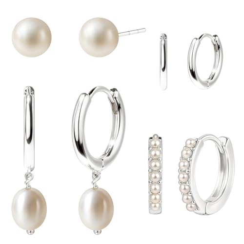 Silver Pearl Earrings for Women,Huggie Small Stack Cartilage Stud Hoop Earring Sets for Multiple Double Piercing, Conch Helix Rook Tragus Daith Piercing Silver Clip On Jewelry Set Gifts