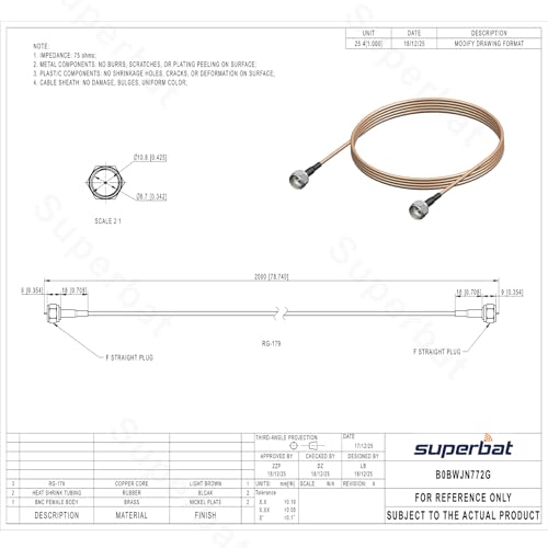 Image of Superbat F-Type 75 Ohm 6ft Coax Cable for TV, Modem, Tuner, High-Speed Internet, Wireless Router, Digital TV, Satellite Extension