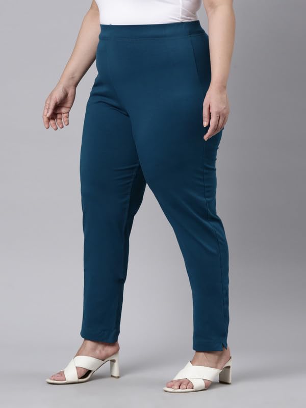 Image of GO COLORS Women Solid Turquoise Blue Mid Rise Regular Fit Kurti Pants