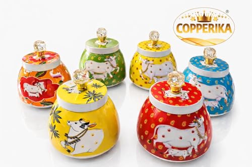 Image of Metal Pichwai Mix Color Dry Fruit Jar Box (Pack of 2) Heavy Build | For Dry Fruits /Chocolates /Decorative Serving Bowl Container /Return Gift /Diwali Gift Item