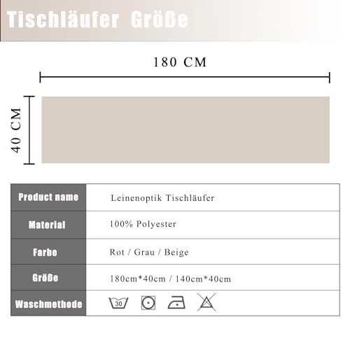 Runner da tavola impermeabile, 40 x 180 cm, beige, effetto lino, lavabile, moderno, antimacchia, perfetto per sala da pranzo, feste, festività, decorazione - immagine 6