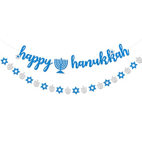 Happy Chanukkah Dekorationen Banner Chanukah Festival Party Dekorationen Silber Blau Glitzer Cover