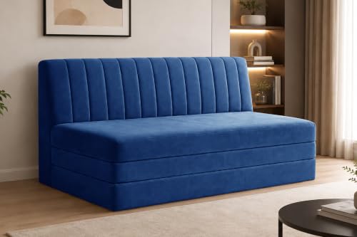 Image of 3-Seater Velvet Sofa Cum Bed | Convertible Sleeper Sofa | Modern Foldable Couch for Living Room, Bedroom & Office | Blue