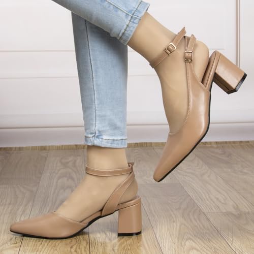 Women's Closed Pointed Toe Slingback Pumps with Adjustable Buckle Ankle Strappy Heels Low Short Block Chunky Heel Comfort Wedding Party Dress Work Shoes3