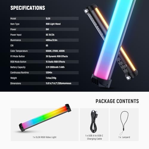 NEEWER Basics 12″ Magnetyczna rura świetlna RGB, CRI95 ściemnialna 8W, SL30 | Przenośna rura wideo LED, świecący kij, 51