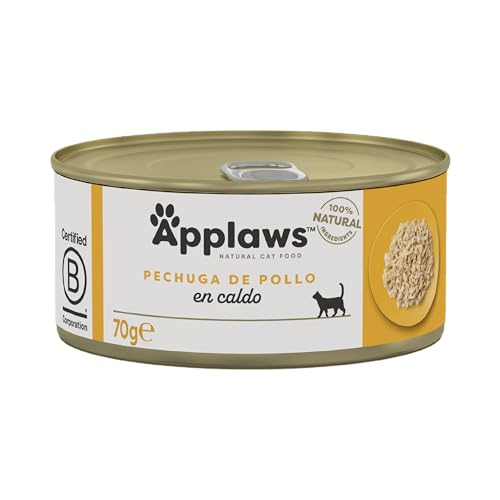 Applaws 100% Natural Pechuga de Pollo Comida Húmeda para Gatos Adultos en Caldo - Paquete de 24 latas de 70g