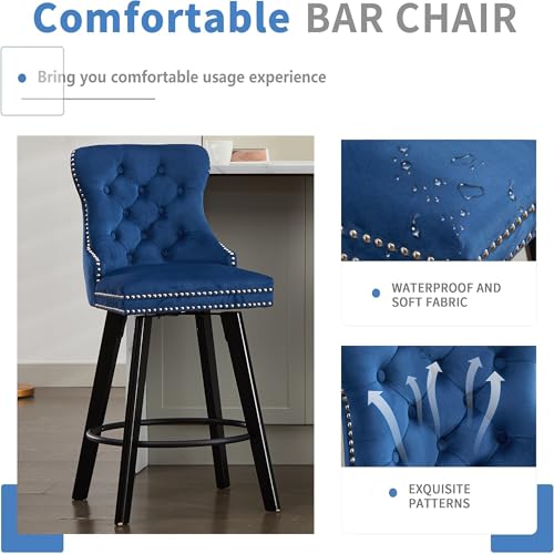 Image of YITAI Modern Swivel Set of 2 Velvet Barstools with Large Backrest and Sturdy Metal Footrest,Button Tufted Rivet Trim Dining Room Chairs with Metal Pull Ring for Kitchen Island,Home Bar,Bistro, Blue