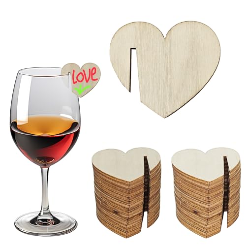 SEABABOO Marque De Verre À Vin En Bois 50 Pièces Marqueur Verre À Vin Forme De Coeur Étiquette...