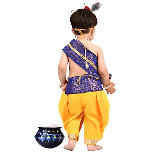 Image of ITSMYCOSTUME Krishna Dress for Baby Boy Kids Set of 10(Dhoti,Hip Cover,Patka,Mukut,Morpankh,Bansuri,Kamarband,Bajuband,Kundal) Little Krishna Ji Kanha Janmasthmi Costume
