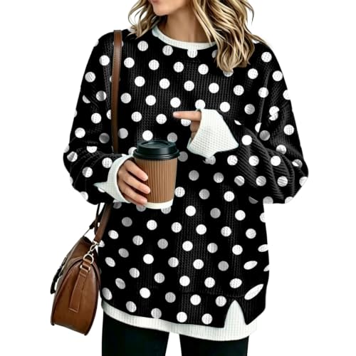 Womens Crew Necks Sweatshirts Waffle Knit Long Sleeves Polka Dot Sweatshirt - image 1