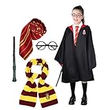 [LAMONKE] ハリーポッター 子供用 コスプレ 寮服 ハロウィン 仮装 キッズコスチューム ローブ マフラー 眼鏡 ネクタイ 魔法の杖 フル5点セット 子供コスプレ パーティー クリスマス 誕生日 USJ ユニバー 学園祭 イベント 男女兼用 (レッド, 155)