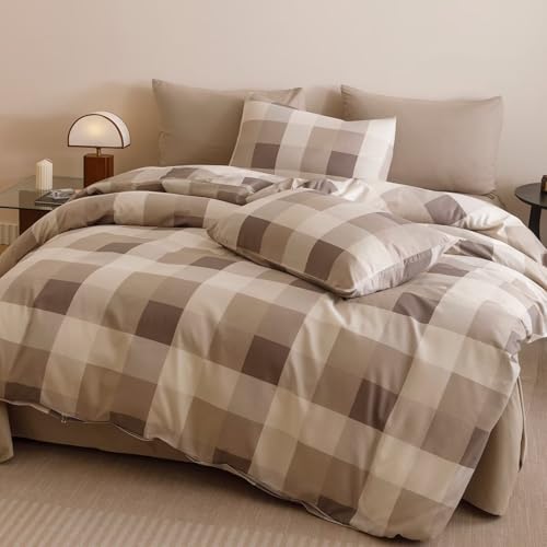 Cottonight Checkered Khaki Comforter Set King Men Gingham Grid Bedding Set Khaki and Cream Coffee Grid Comforter Fluffy Soft Blanket Quilts Modern Cottagecore Comforter for King Bed by Cottonight - Used condition - Image 7