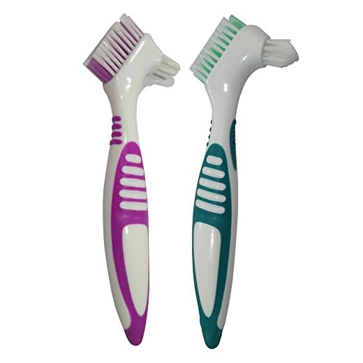 Gus Craft 2-Pack Denture Cleaning Brush Set- Premium Hygiene Denture Cleaner Set For Denture Care- Top Denture Cleanser Tool w/Multi-Layered Bristles & Ergonomic Rubber Handle (Green and Purple)