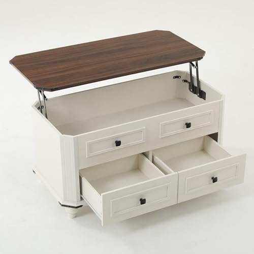 DWVO Farmhouse Lift Top Coffee Table w/Large Hidden Compartment, Lift Tabletop Dining Table for Living Room, White