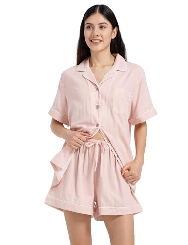 Image of Womens Muslin Pajama Set 100% Cotton Double Gauze Linen Like Breathable Soft Button Up Loungewear Sleepwear PJ Set