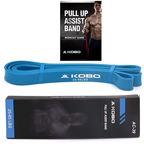 Kobo AC-39 Power Loop/Resistance Band Rubber Pull Up Assist Bands 41 Inch| Mobility & Body Stretching, Powerlifting, Resistance Training, Tension 25-65 LBS, (Blue) Workout Guide Booklet