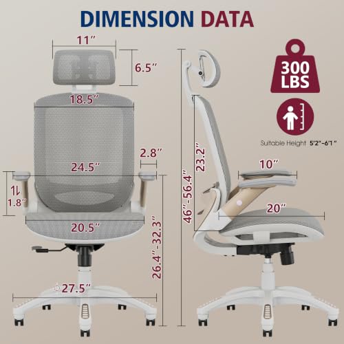 Image of GABRYLLY Ergonomic Office Chair, High Back Home Desk Chair with 2D Flip-Up Arms, 3D Headrest, 90-120 Tilt and Wide Cushion, Big and Tall Mesh Chairs for Man Woman, White Computer Task Chair