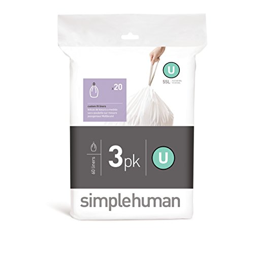 simplehuman Code U Custom Fit Liners, Extra Large, Ultra Strong Trash Bags, 55 Liter / 14.5 Gallon, 3 Refill Packs (60 Count)