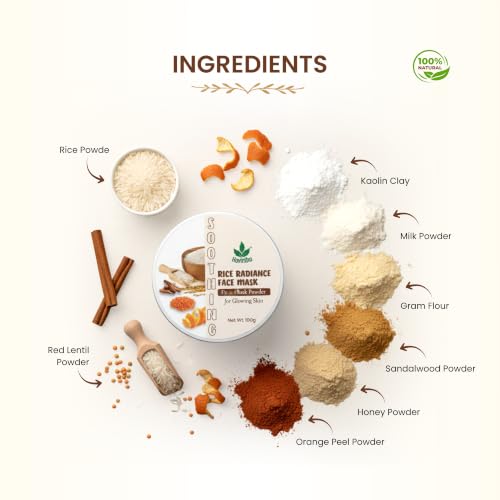 Image of Havintha Natural Rice Radiance Face Mask Powder 100g - For Glowing Skin, Tan Removal & Skin Brightening | Herbal Rice Flour Face Pack for Oil Control, Acne Care & Smooth Skin