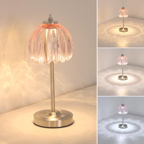 Image of Shenmoyl Tulip Table Lamp with 5200mAh Battery & Touch Control, Cordless Small Table Lamp with 3 Colors, Dimmable Rechargeable Table Lamps for Living Room, Bedroom, Desk, Bedside (Clear Pink Tulip)