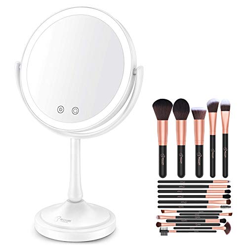 BESTOPE 18 Pcs Makeup Brush Set + Lighted Makeup Mirror with Lights 1X 7X Magnifying Mirror