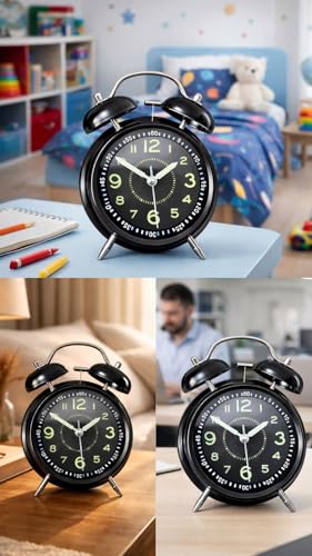 Image of JASIFS Analog Alarm Clock for Heavy Sleepers Loud Clock for Adults, Metal 4 Inches Twin Bell Table Clock with Backlight Alarm Clocks for Students Decoration Bedroom /Office (Metal Black Luminous)