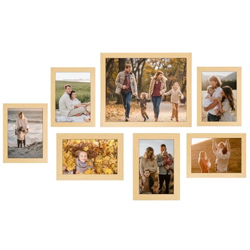 FALSKT 7 Piezas Marcos de Fotos de MDF 3 Tamaños, Marco Fotos Vidrio Acrílico, Marcos para Cuadros Pueden Colocar en La Pared o en La Mesa para Salón, Dormitorio (Color Madera)