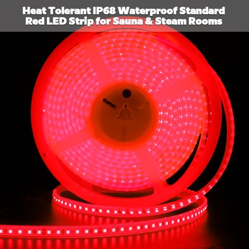 Image of DC24V 630nm Red LED Strip for Sauna Lighting, Flexible Cuttable Dimmable Long 5m 16.4ft 600 LEDs Heat-Resistant IP68 Waterproof Chromotherapy Sauna Light Tape (Ordinary Red)