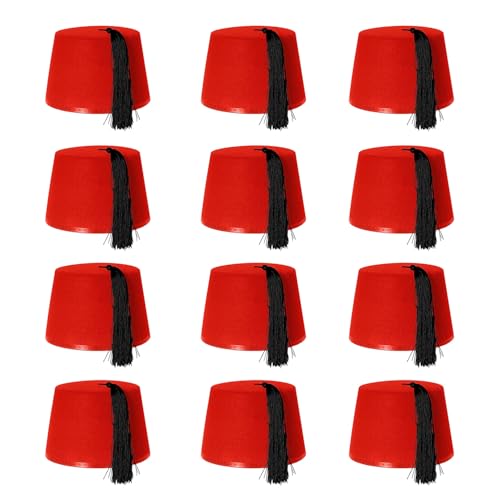 Chapeau Fez en feutre rouge avec pompon noir – Lot de 1 – Couvre-chef emblématique turc et arabe – Parfait pour les voyages dans le temps, les...