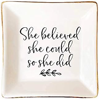 MaySunset Inspirational Ring Jewelry Dish Ceramic Trinket Tray - She Believed She Could for Best Friend Sister Birthday Christmas
