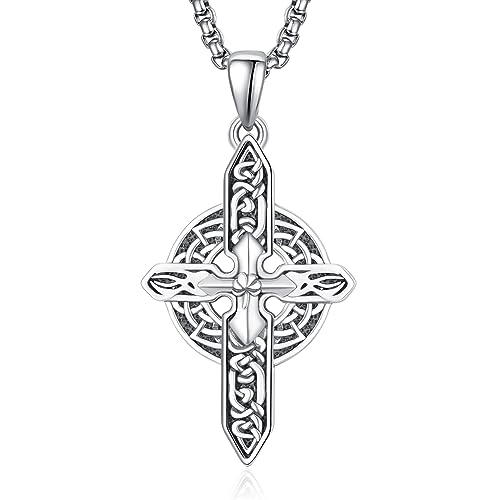 KINGWHYTE Cross Necklace 925 Sterling Silver Celtic Knot Crucifix Pendant Religious Protective Gift Birthday Jewelry for Men Women